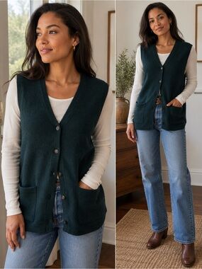 Beautiful Vintage Women’s Wool Dark Green V-Neck Button Sweater Vest